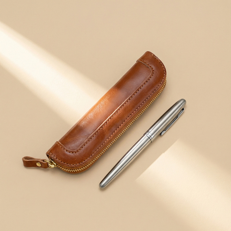 Tan Stationery & Office Supply - 빈티지 베지터블 태닝 가죽 펜 케이스,
