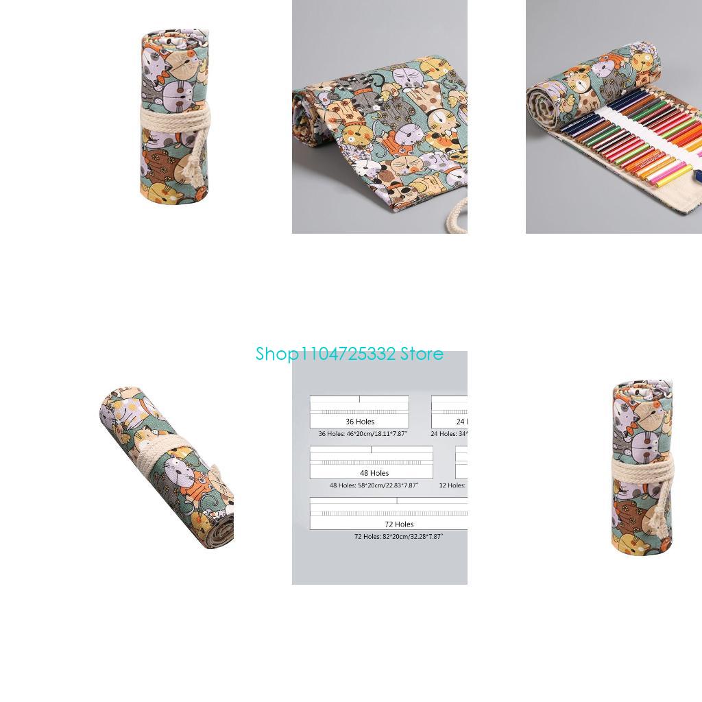 Pen Pouch Roll - P5EA 만화 고양이 12/24/36/48/72 구멍 캔버스