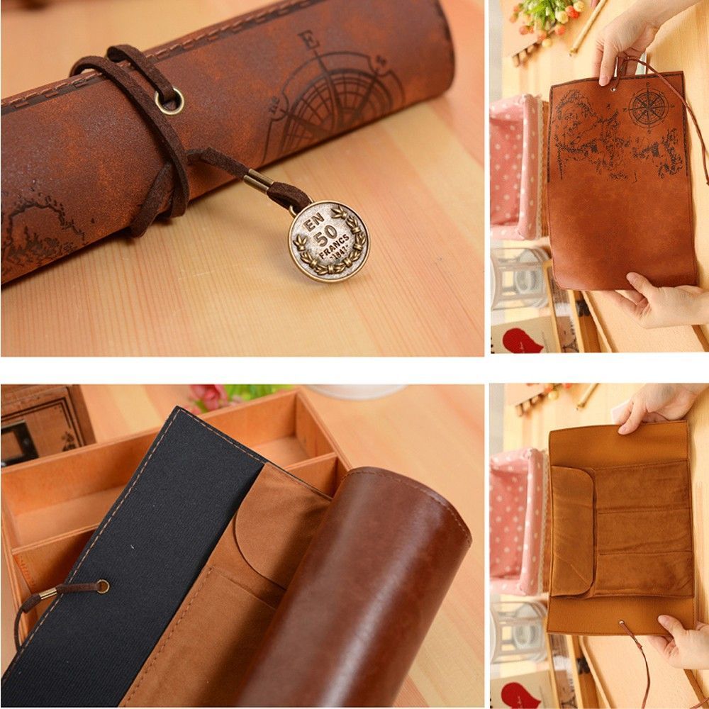 Pen Pouch Roll - 유니크 레트로 럭셔리 보물지도 롤 케이스